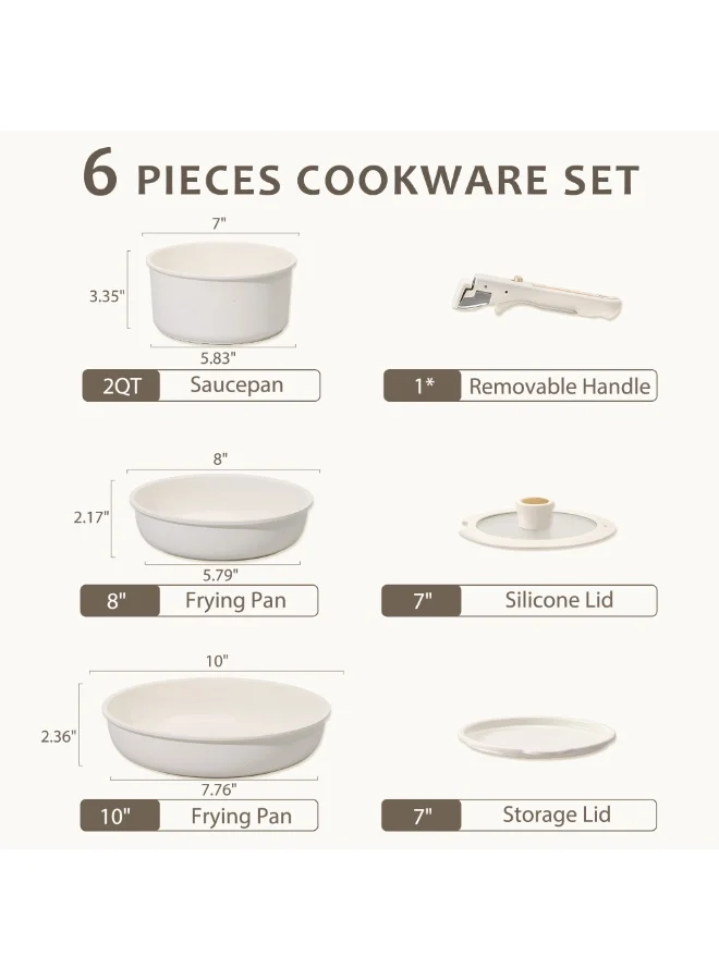 كاروت طقم أواني كاروت 6 قطع سيراميك غير لاصق بمقابض قابلة للفصل، تصميم قابل للتكديس يشمل مقلاة وقدر طهي مع أغطية، خالٍ من PFAS ومتوافق مع جميع المواقد وآمن لغسالة الصحون (كريمي)